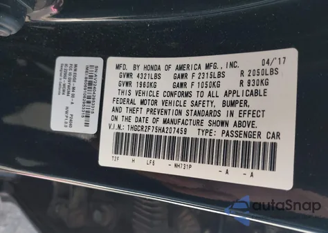2017 Honda Accord Ex z USA, uszkodzony, nr VIN 1HGCR2F75HA207459